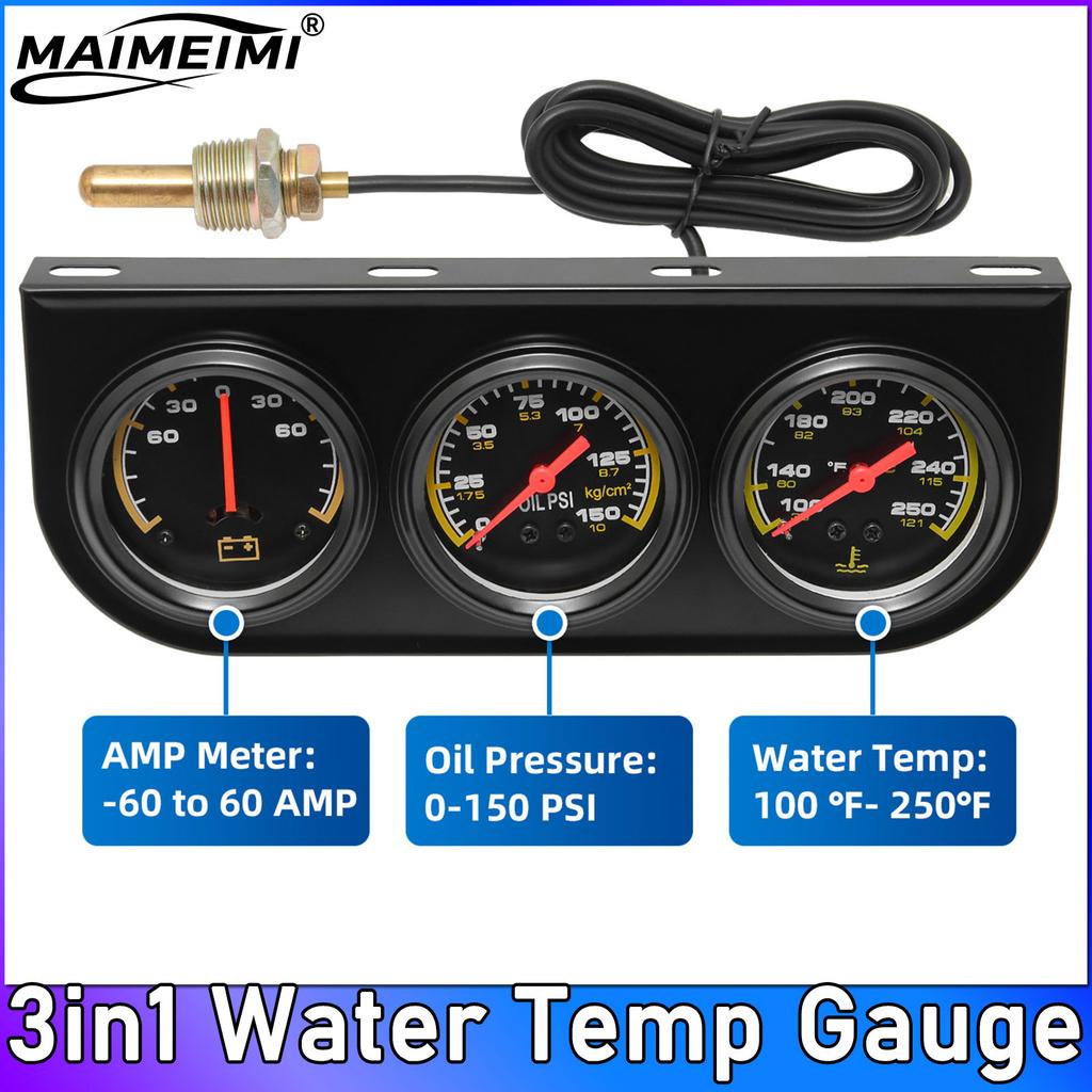 3in1 Water Temp Gauge 52MM Oil Pressure Gauge AMP Volt Meter 12V Kit Car Triple Gauge With Sensor