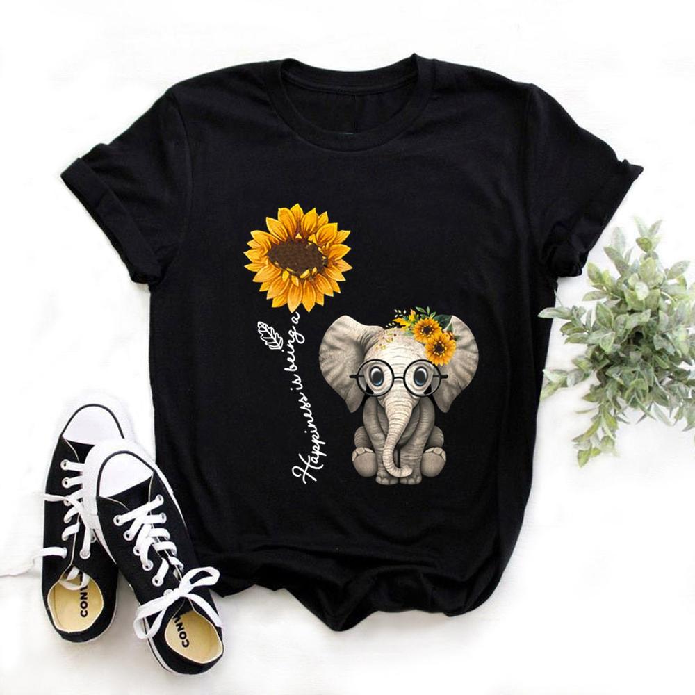 Elephant Sunflower Print Shirt Women Casual Short Sleeve O Neck Tee Tops 90S Harajuku