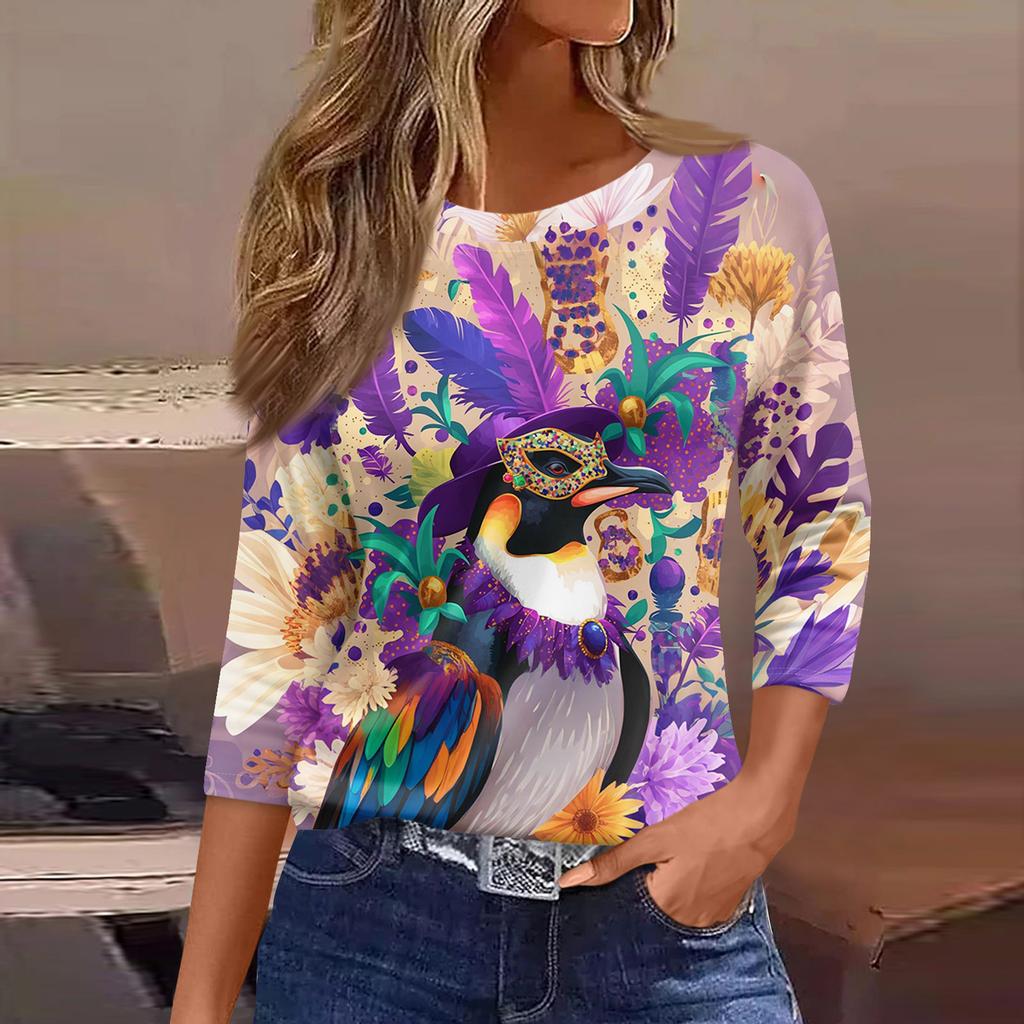 3/4 Length Sleeve Womens Tops Floral Print Vintage Fashion Casual Loose With Round Neck Plus Size Shirts