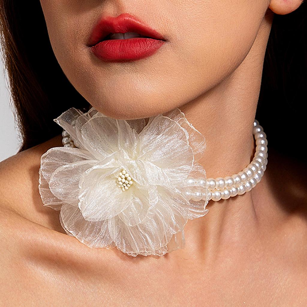 Accessories, French Elegant Pearl Necklace, Sweet Fabric Mesh Flower Collarbone Chain Necklace