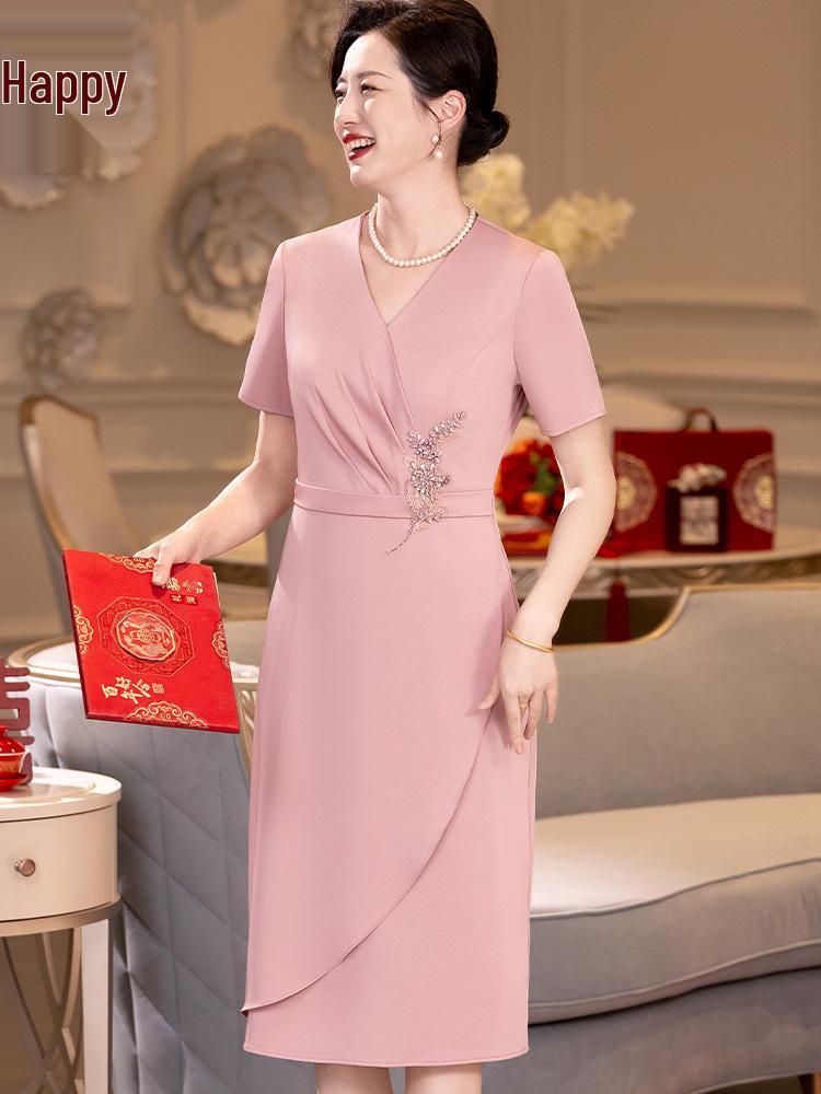 Pink A-Line Seven-Sleeve Mother-in-law Spring Wedding Dress 2024 - Slimming & Tummy Concealing
