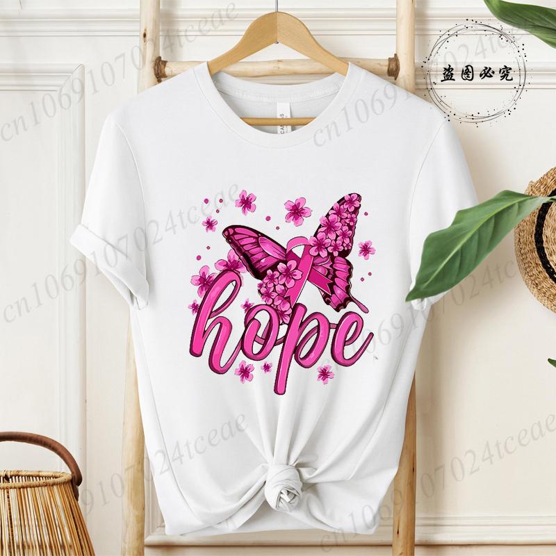 Hope Pink Ribbon Butterfly Breast Cancer Awareness Warrior Print Women's T-Shirt,Graphic Tee Tops,Casual Streetwear Fashion Tops