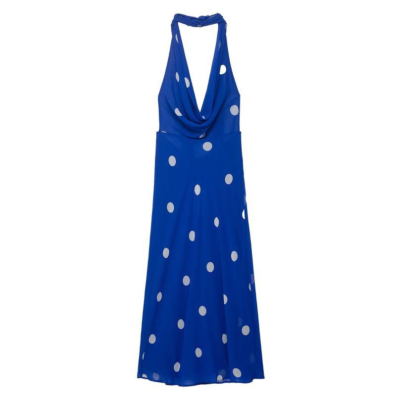 

Kaslead New Women clothes Western Style Simple Polka Dot Print Midi Dress 8410430 044 Blue L