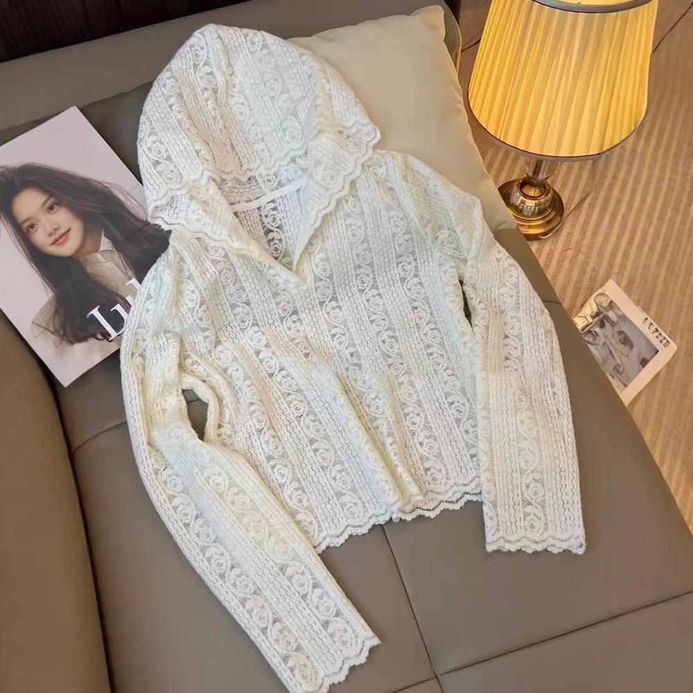 Women's Spring 2025 Lace Long Sleeve Hooded Cardigan Top
