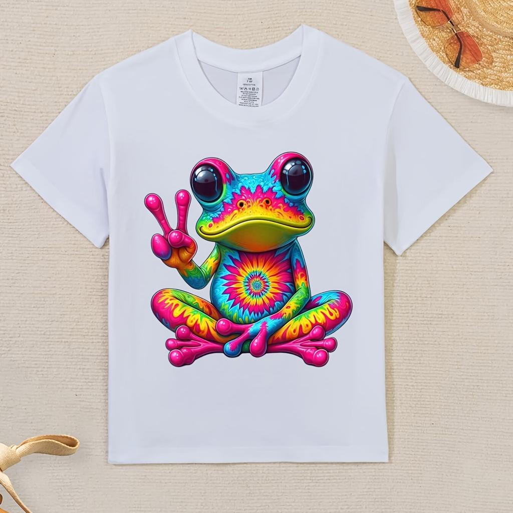 Children Crew Neck Short Sleeve T-Shirt with Colorful Frog Gesturing Yeah Print
