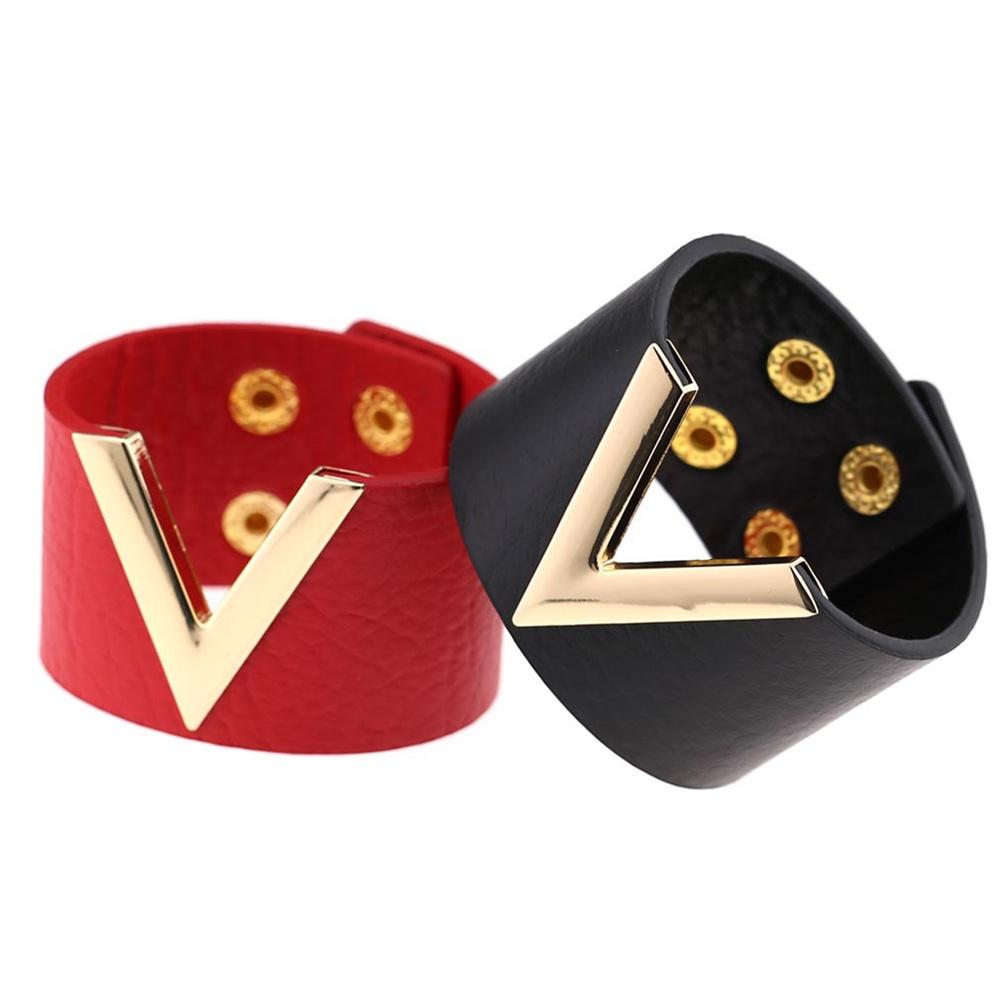 2025 80s Black Wide V Shape PU Leather Bracelets Cuff Punk For Women Men Metal Wristbands Cosplay Jewelry