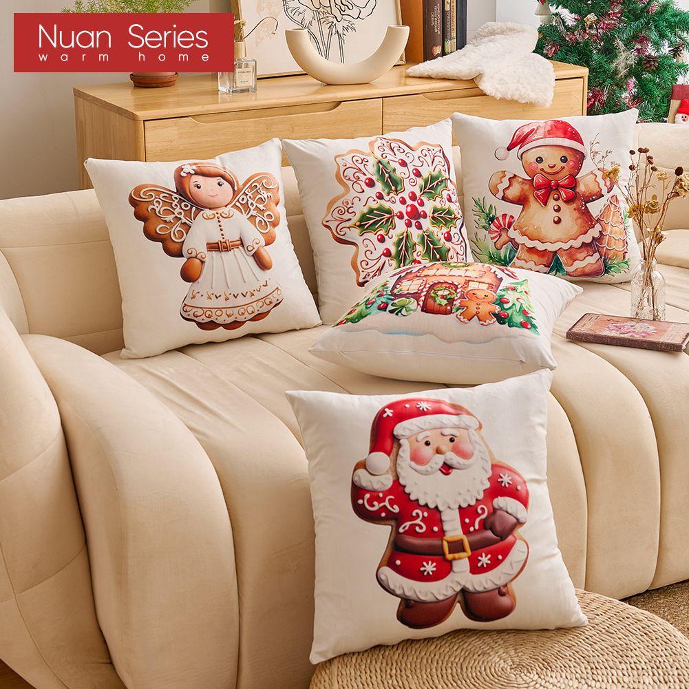 1PC Nuan Series Christmas Pillowcase Gingerbread Santa Claus Pattern Printed Soft Cushion Cover for Sofa Living Room Bedroom Home Decor Party Decor