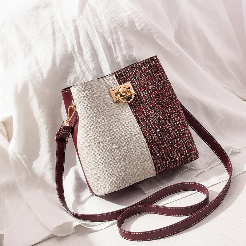 Women s Patchwork Shoulder Bag Lightweight Soft Leather Crossbody Bucket Bag with Adjustable Strap вино красного 1740₽