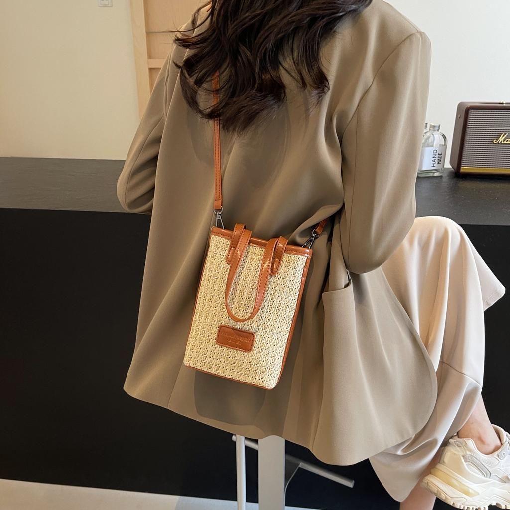 Contrasting Color Striped Woven Small Bag Women's Woven Bag Niche Temperament Versatile Single Shoulder Crossbody Mobile Phone Bag
