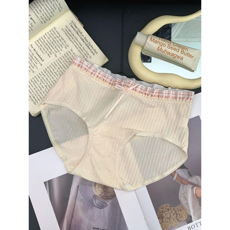 Girl Spring and Autumn Sweet Plaid Edge Splicing 10A Antibacterial Wrapped Hip Mid Waist Triangle Briefs