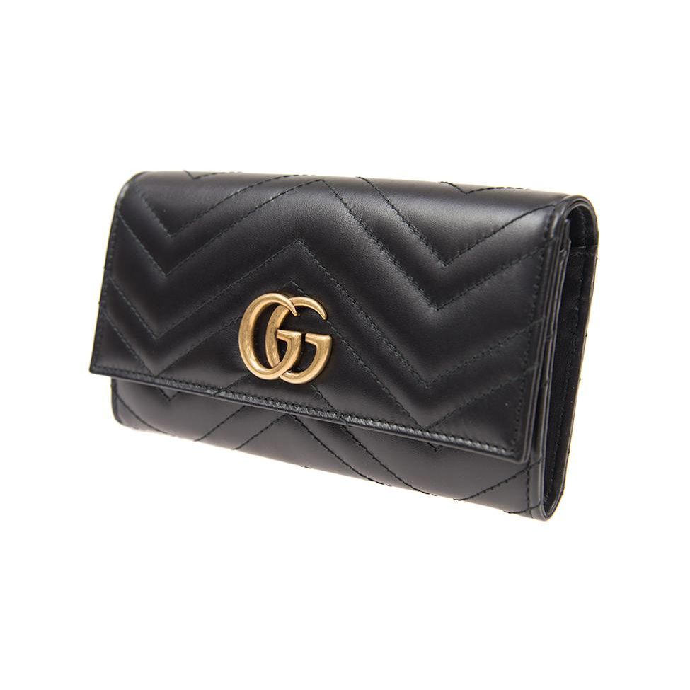 Gucci GG Marmont Lange Geldbörse Mit Goldenem Logo Gestepptes Leder Damen Geldbörse Schwarz 443436-DTD1T-1000