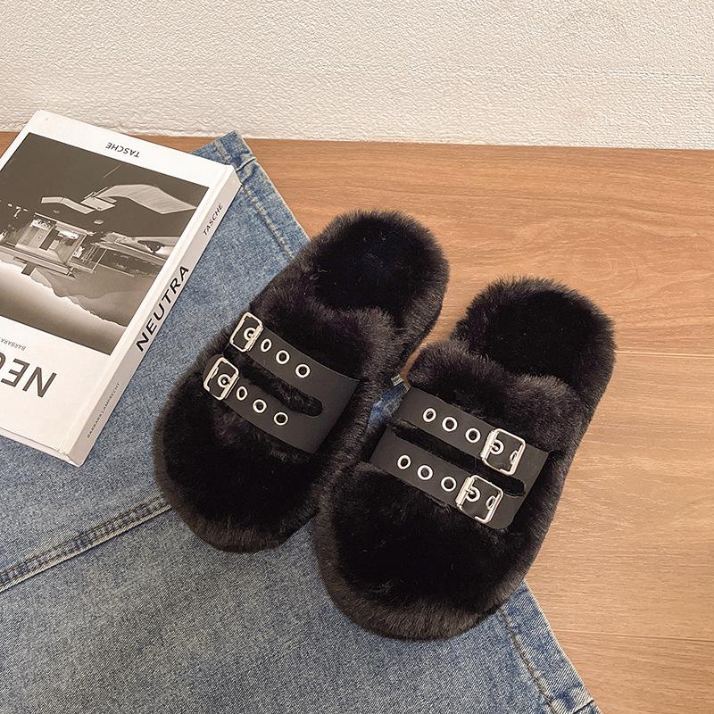 

Design sense niche belt buckle one-word drag thick-soled Mao Mao drag women wear 2025 winter Korean version of Internet celebrity Mao Mao shoes 35