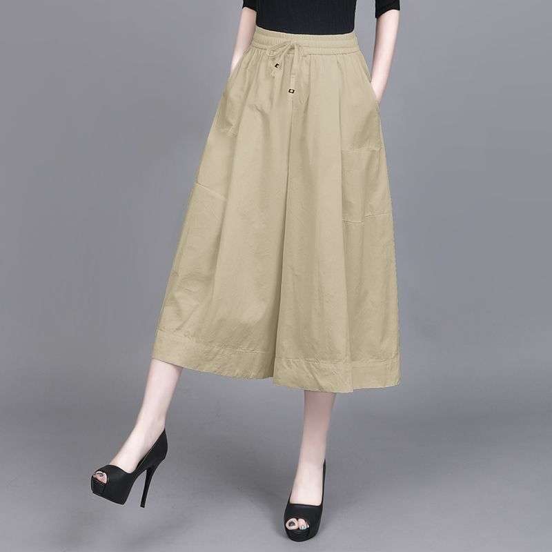 Women's Drawstring Elastic Waist Wide Leg Capri Pants Loose Fit Harem Pants Thin Denim Summer Commuter Skirt Culottes