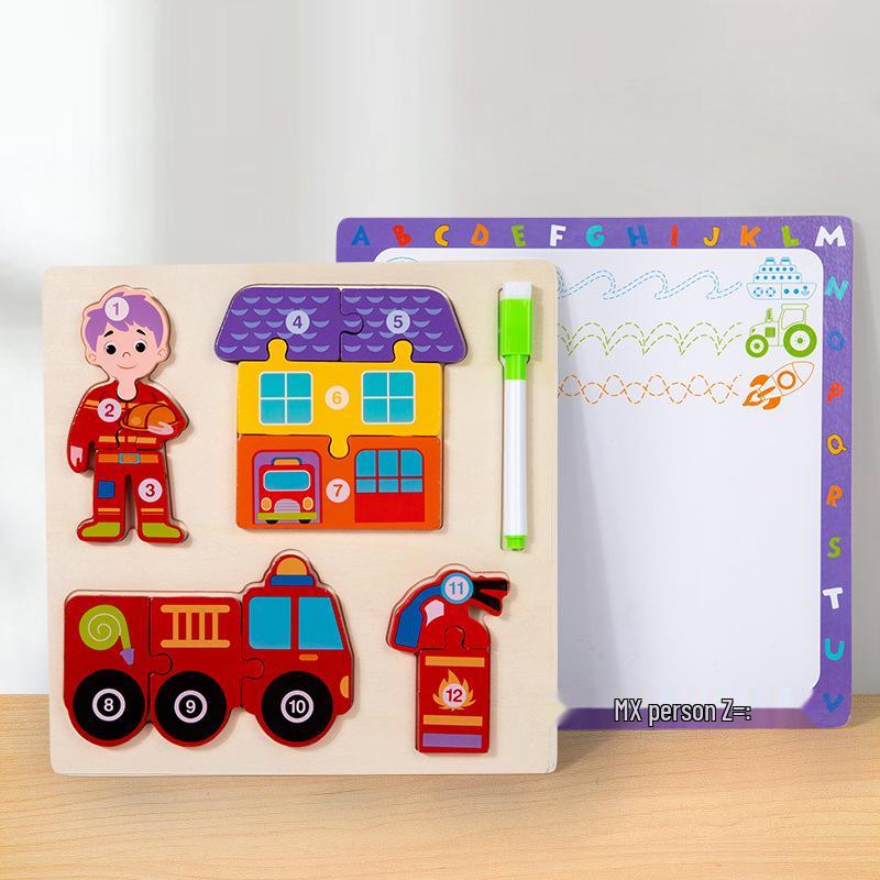 Children's 3D Wooden Jigsaw Puzzle & Drawing Board - Educational Vehicle & Figures Cognitive Toy.