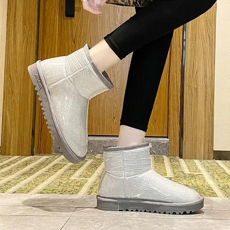 Fashion Flat Waterproof Round Toe Tabi Booties Shoes for Woman Silver Ankle Women's Snow Boots Boot Female New Rock Spring 2024 Gothic