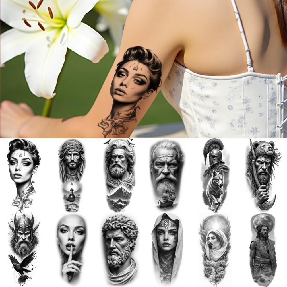 12 ks dočasné tetování černošedé realistické tetování starověké sochy domorodé tetování havraní tetování pro muže paže stehna