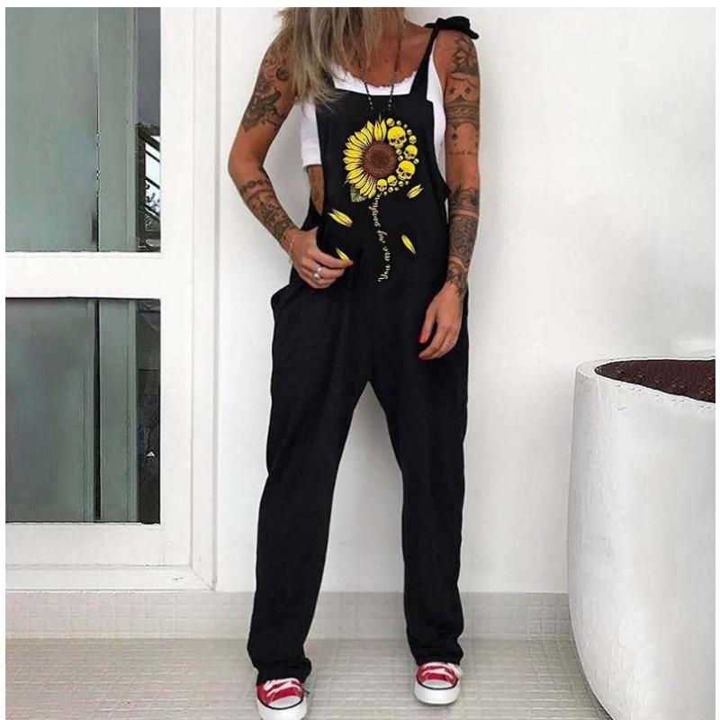 Mono Estampado Calavera Crisantemo Babero Pantalones Pantalones Largos