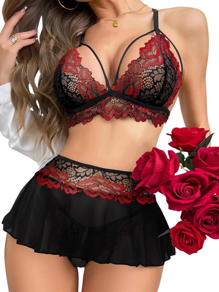 Sexy Mini Skirt with Thong Floral Lace Sheer Bralette Lingerie Set 3 Piece Otufits