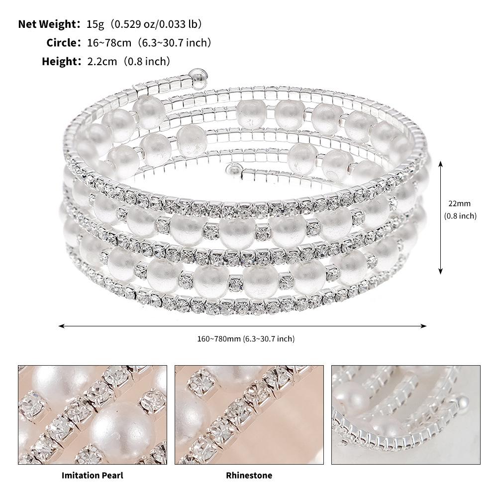 Luxury Rhinestone Pearl Wide Open Cuff Bracelet For Women Stylish Stretch Bangle Fashion Versatile Jewelry Gift