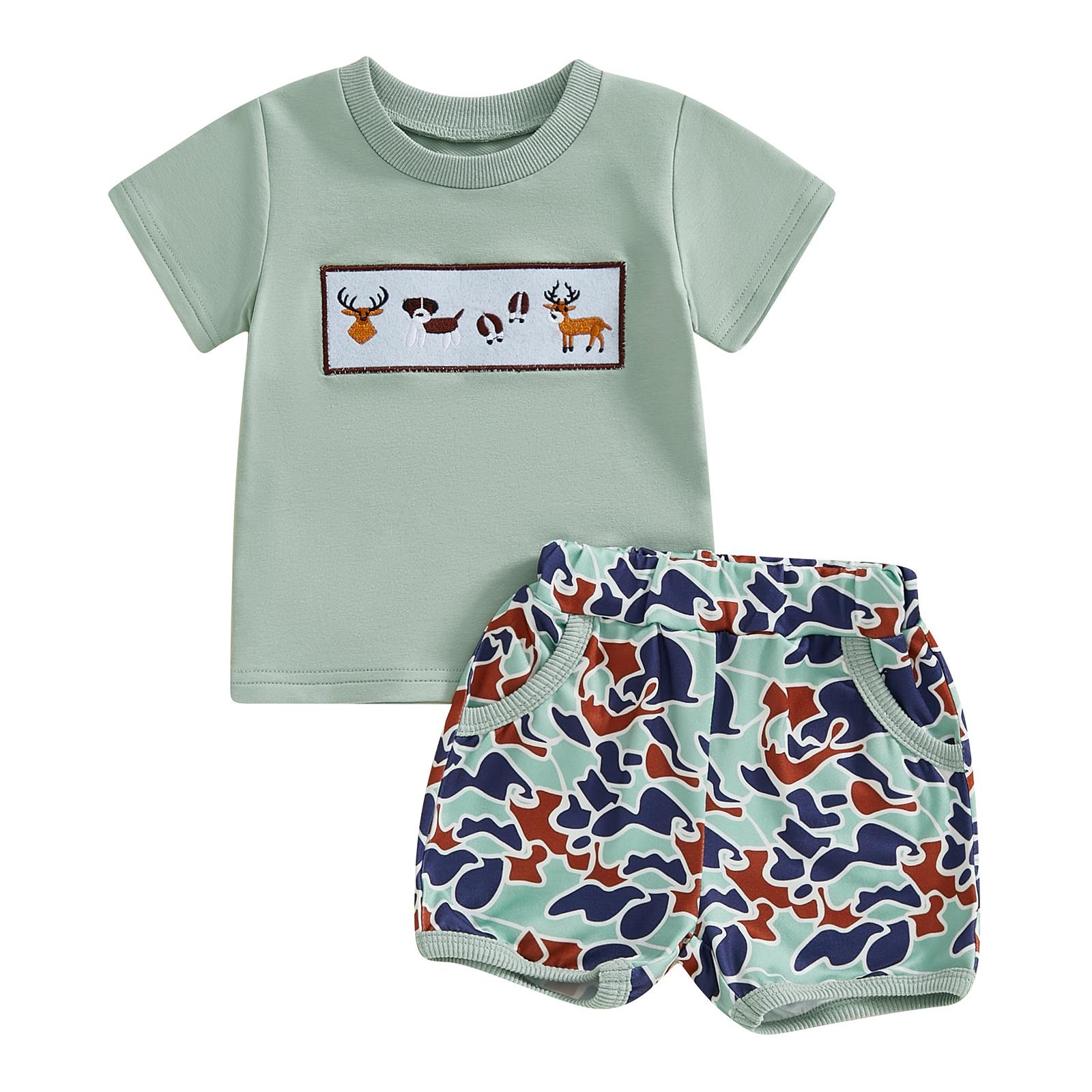 

Летние наряды для мальчиков ясельного возраста, футболки с коротким рукавом и вышивкой в виде утки, шорты на резинке, комплект одежды из 2 предметов 18-24 Months зелёный