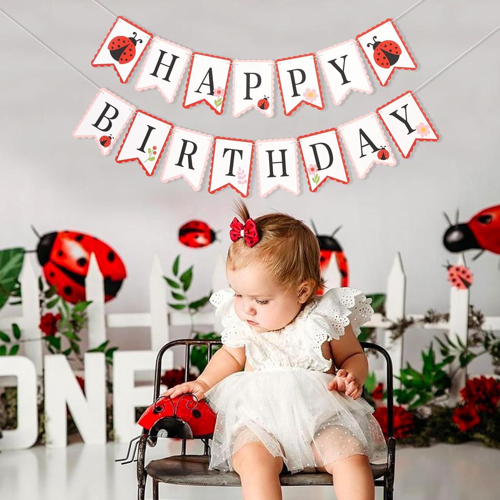 Ladybug Happy Birthday Banner - Cute Ladybird Party Decorations, Ladybug Theme Hanging Flags for Baby Showers, Kids Room Decor, Outdoor Garden Party