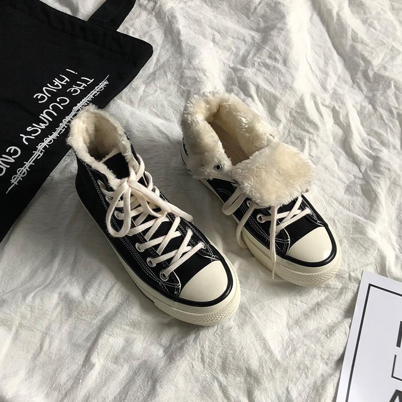 Yuanyi, Winter Velvet High-top Canvas Shoes for Women Z Students, Versatile Cotton Shoes, Thickened and Warm