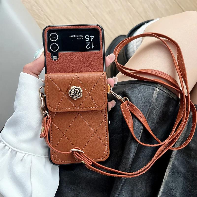 Crossbody Lanyard Phone Case for Samsung Galaxy  Z Flip 5 4 3 5G Flip5 Flip4 Flip3 Wallet with Card Holder PU Leather Cover
