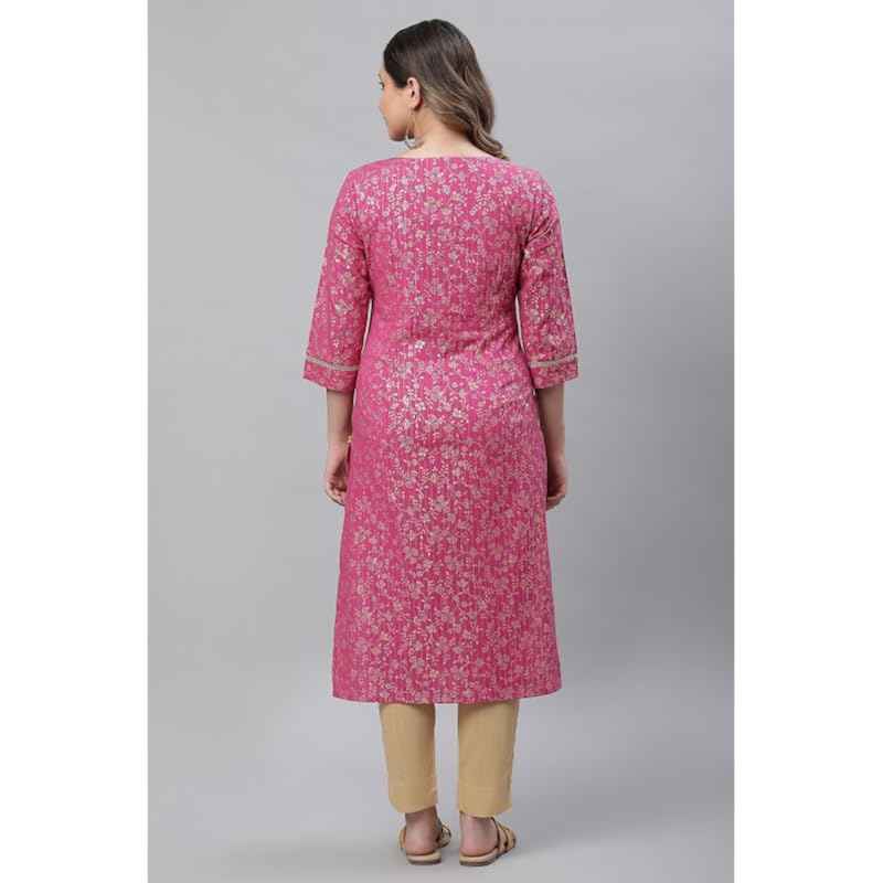 Aurelia Pink Foil Pattern Cotton Straight Long Kurta