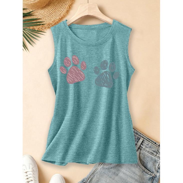 2026 Vintage Two Tone Hand Painted Paw Print Women Sleeveless Vest Round Neck Daily Commute Spring Summer Autumn Tank Top