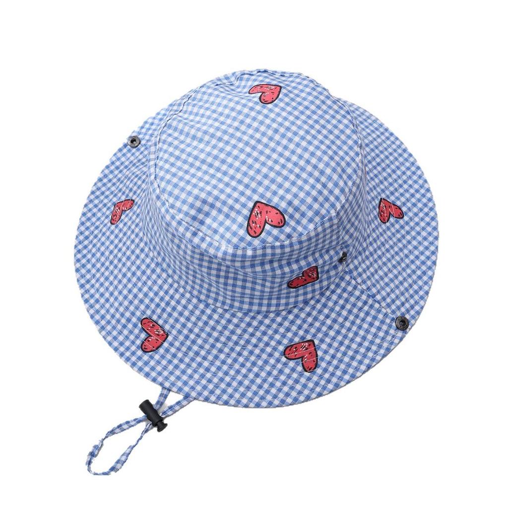 Summer Parent-Child Plaid Heart Wide Brim Sun Hat - Stylish Travel Vacation Fisherman Hat for Kids with Sun Protection