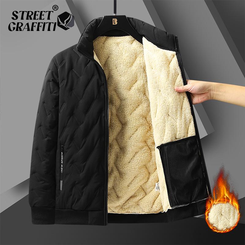 2025 New Men's Plus Size  Jacket Imitation Wool Stand Collar Winter Windproof Warm Outdoor Cotton-padded Jacket With Velvet