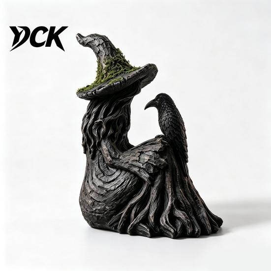 Handmade Dark Fantasy Figurine Luminous Witch & Raven with Mossy Tree Texture, Resin Gothic Halloween Garden Decor Statue LED Light for Home
