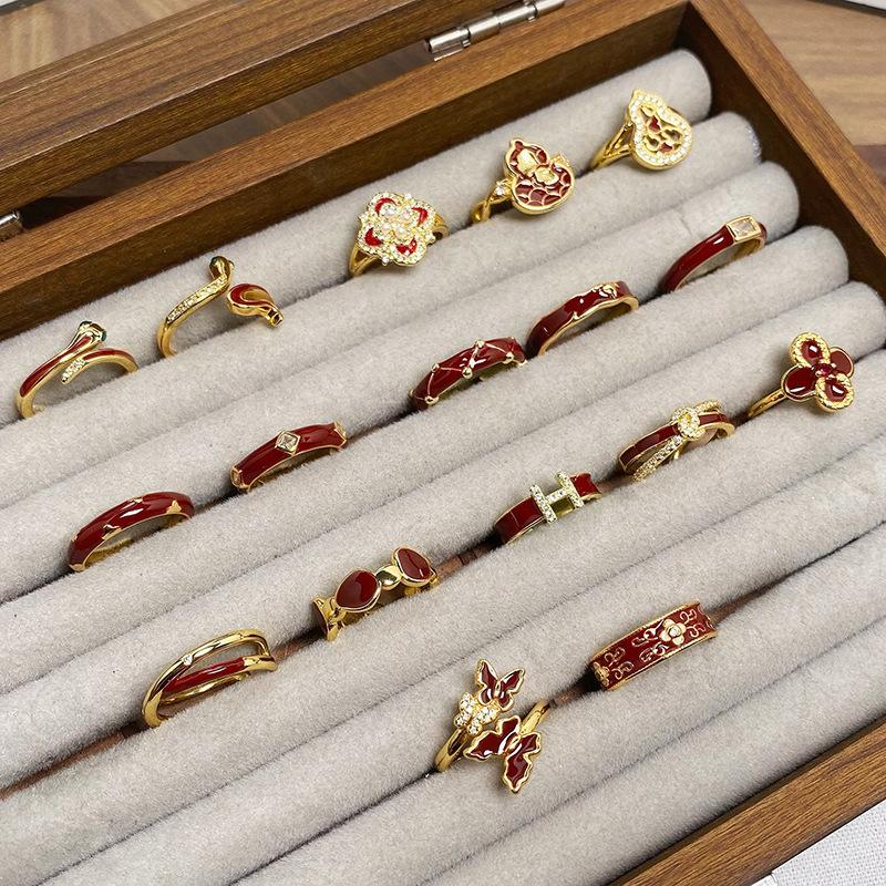 Court Style Medieval Red Lucky Transfer Enamel Drip Oil Opening Ring Butterfly High Sense Ring Woman