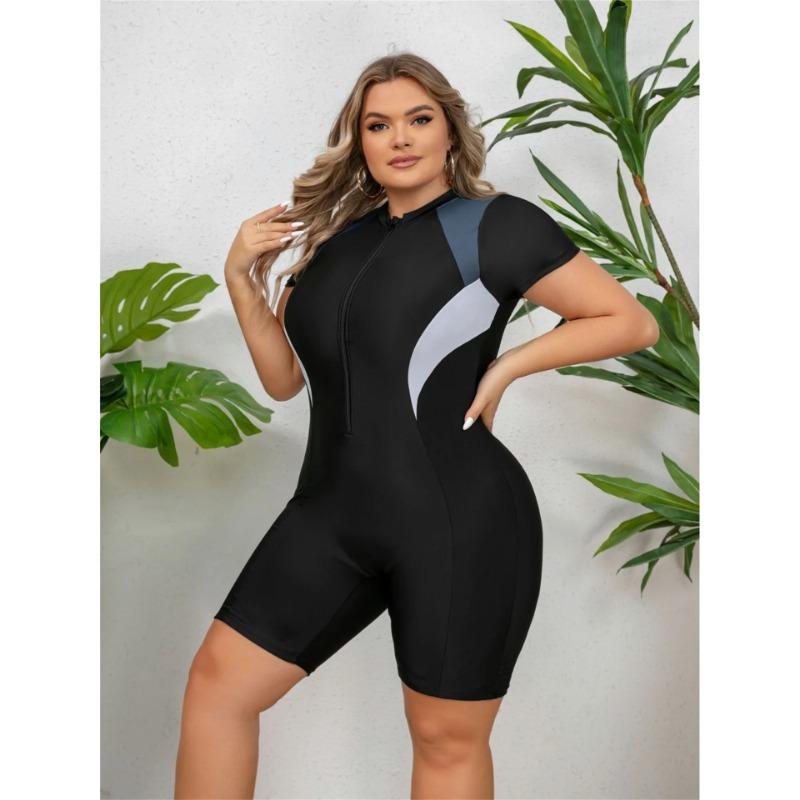 Fat Large Size One Piece Zippered Sports Swimsuit Women's Short Sleeved Surfing Suit Flat Angle Jellyfish Suit Snorkeling Suit