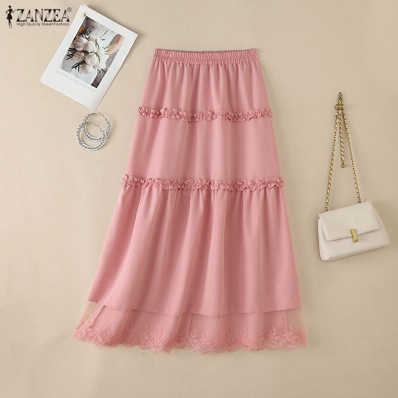 ZANZEA Women Elegant Lace Splice Loose Casual Long Skirt