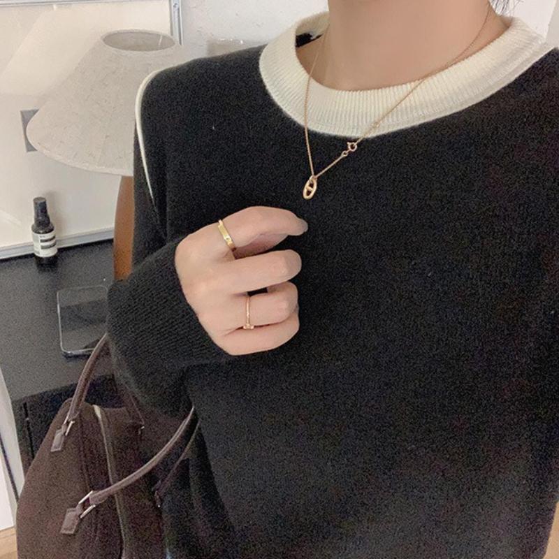 

Женский трикотажный базовый слой премиум-класса с цветными блоками и круглым вырезом, пуловер с длинным рукавом, облегающий свитер для весны и осени One Size чёрный