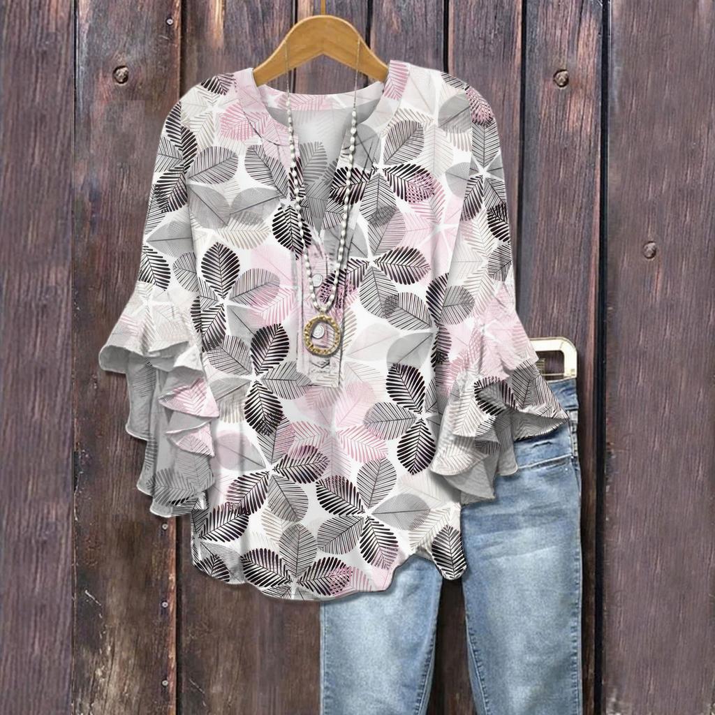 Summer Tops For Women Cute V Neck 3/4 Sleeve Blouses Floral Print Top Casual Shirts
