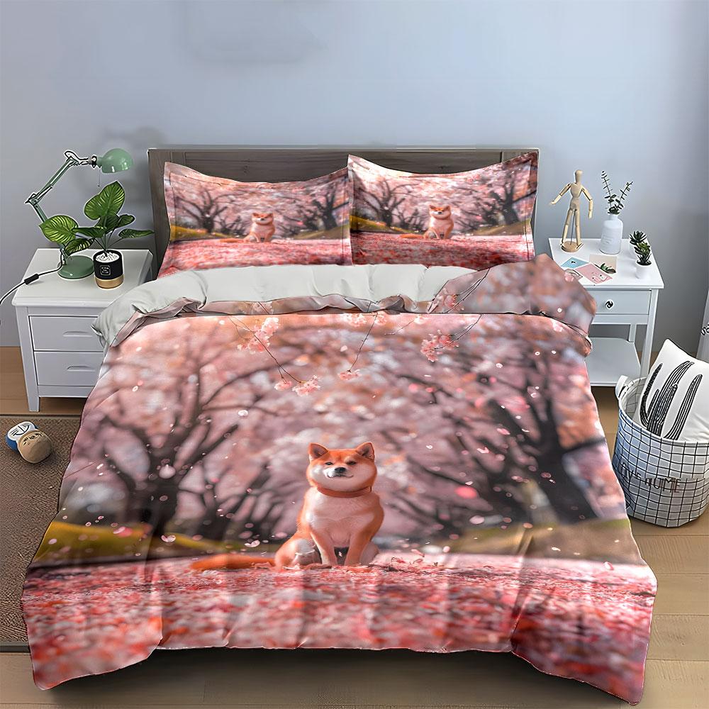 Dog Cherry Blossom Scenery Set Multiple Sizes Kid'S And Adults' Bedroom Exquisite 3Pc Bedding Set, Gift