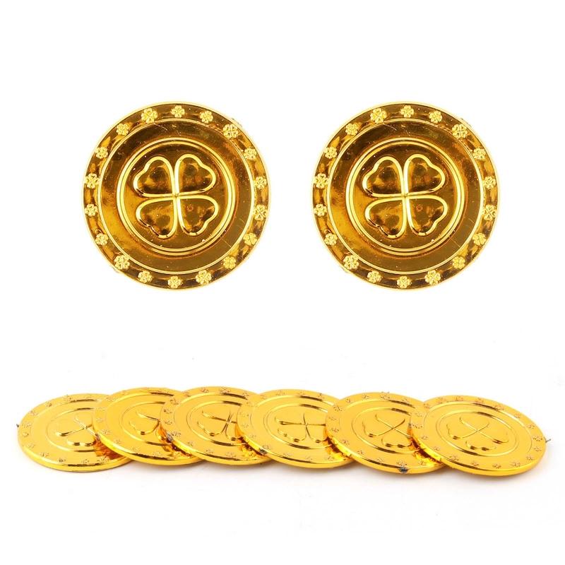 100 шт. Пластиковые Золотые Монеты Детские Золотые Монеты Игрушка Счастливый Четырехлистный Клевер Монеты Забавные Игровые Игрушки для Детей Вечеринка золотой