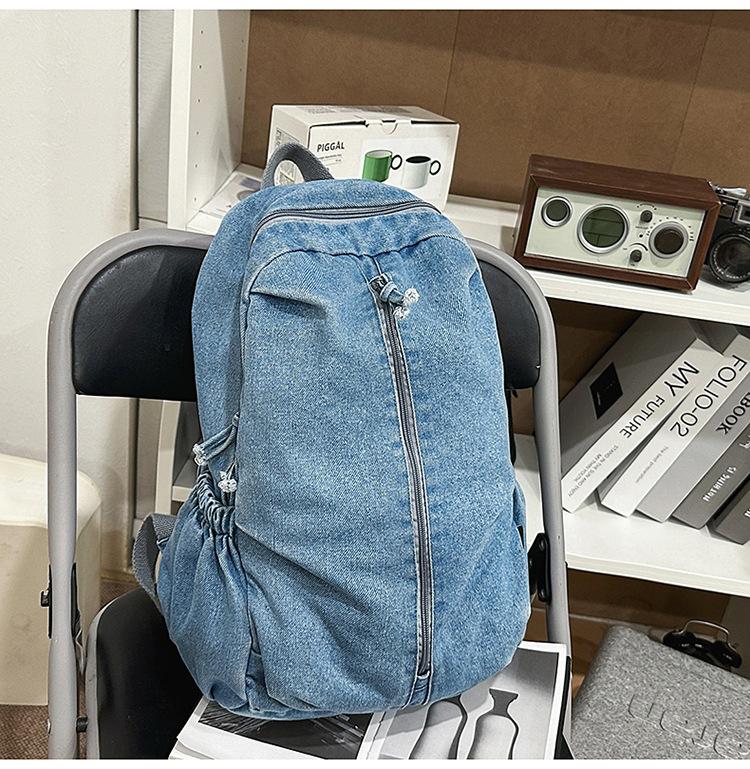 Schoolbag Korean New Denim Backpack High School College Student Simple Casual Schoolbag Large Capacity Travel Backpack