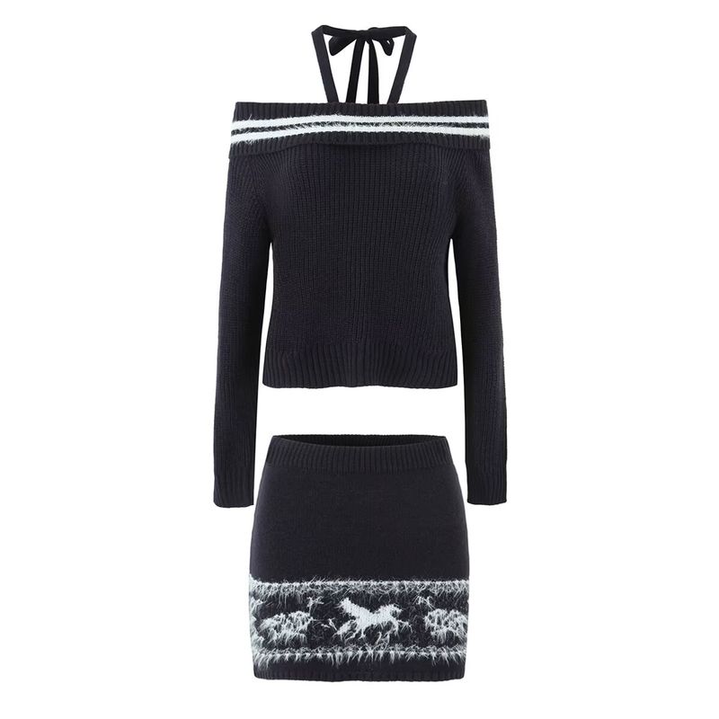 Za Export New Arrival Women's Clothing ZR Fashion Style Fashion off-Shoulder Lace-up Halterneck Sweater Knitted Hip Skirt Suit