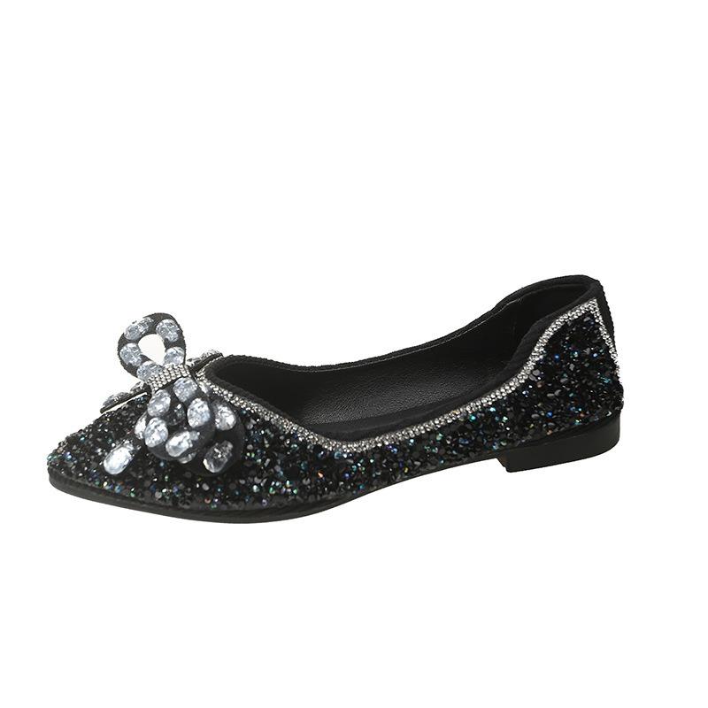 Spring and Summer New Soft-soled Single Shoes Women's Bow Crystal Shoes Rhinestone Beanie Shoes Full Diamond Flat-soled Ladyshoes