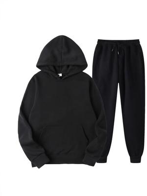 European Size Men's Fleece-Lined Hooded Sweatshirt & Pants Set - Casual Solid Color Two-Piece