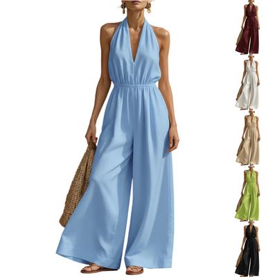 Women's V-neck Wide-leg Sleeveless Belted Long Jumpsuit