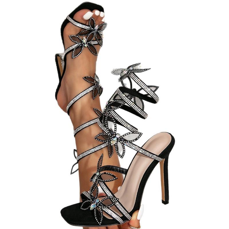 Spring and summer word with snake-shaped winding open-toed rhinestone flash diamond bow thin heel super high heel sexy sandals women's shoes
