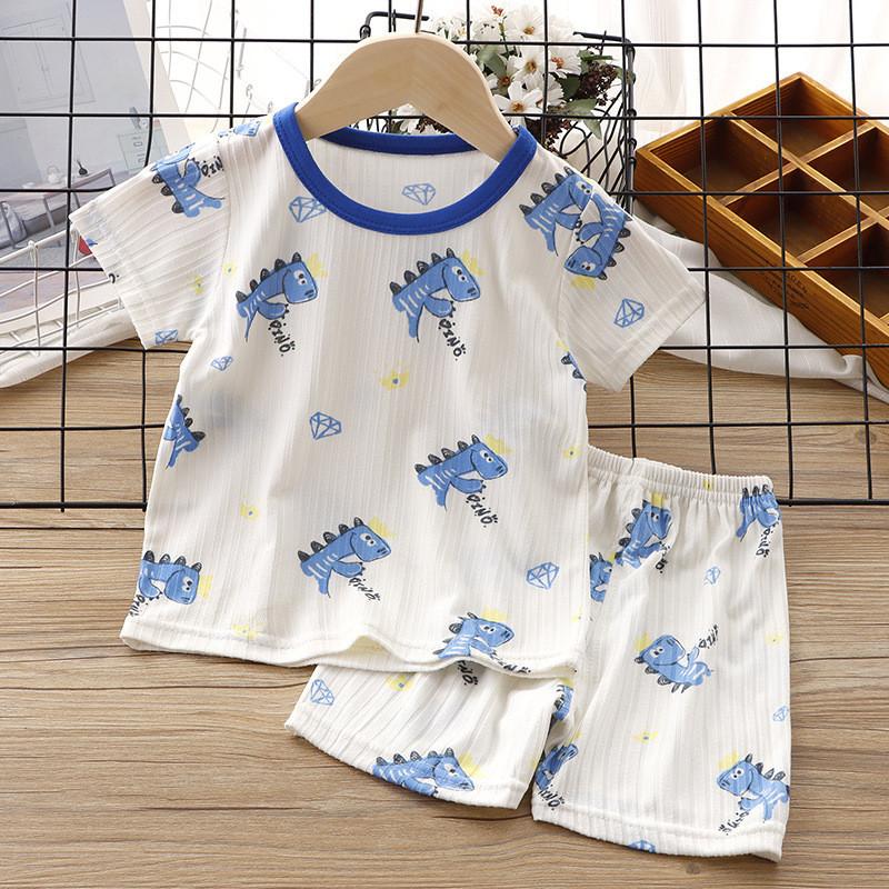 Baby Summer Ice Silk Shorts Pajama Set With Cartoon Prints For Toddler Sleepwear