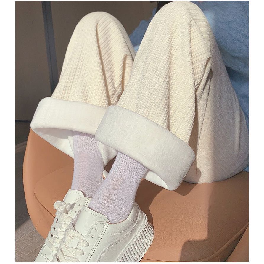Warm Plush Straight Trousers Winter Thicken Plus Velvet Wide Leg Pants Women's High Waist Baggy Casual Korean Fashion Pantalones
