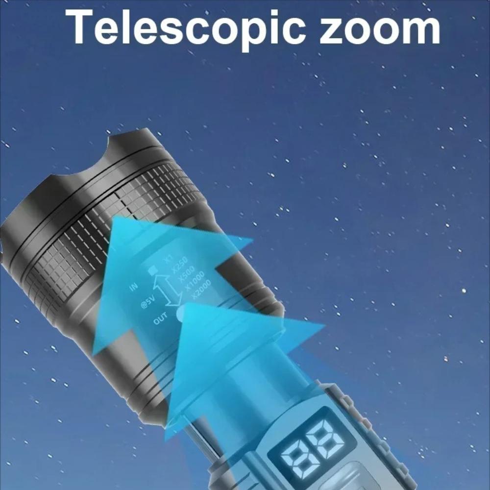 Lanterna LED Potente com Visor de Bateria Lâmpada Recarregável USB Lanternas Zoomáveis Lâmpada de Acampamento ao Ar Livre Lanterna à Prova d'Água para Pesca