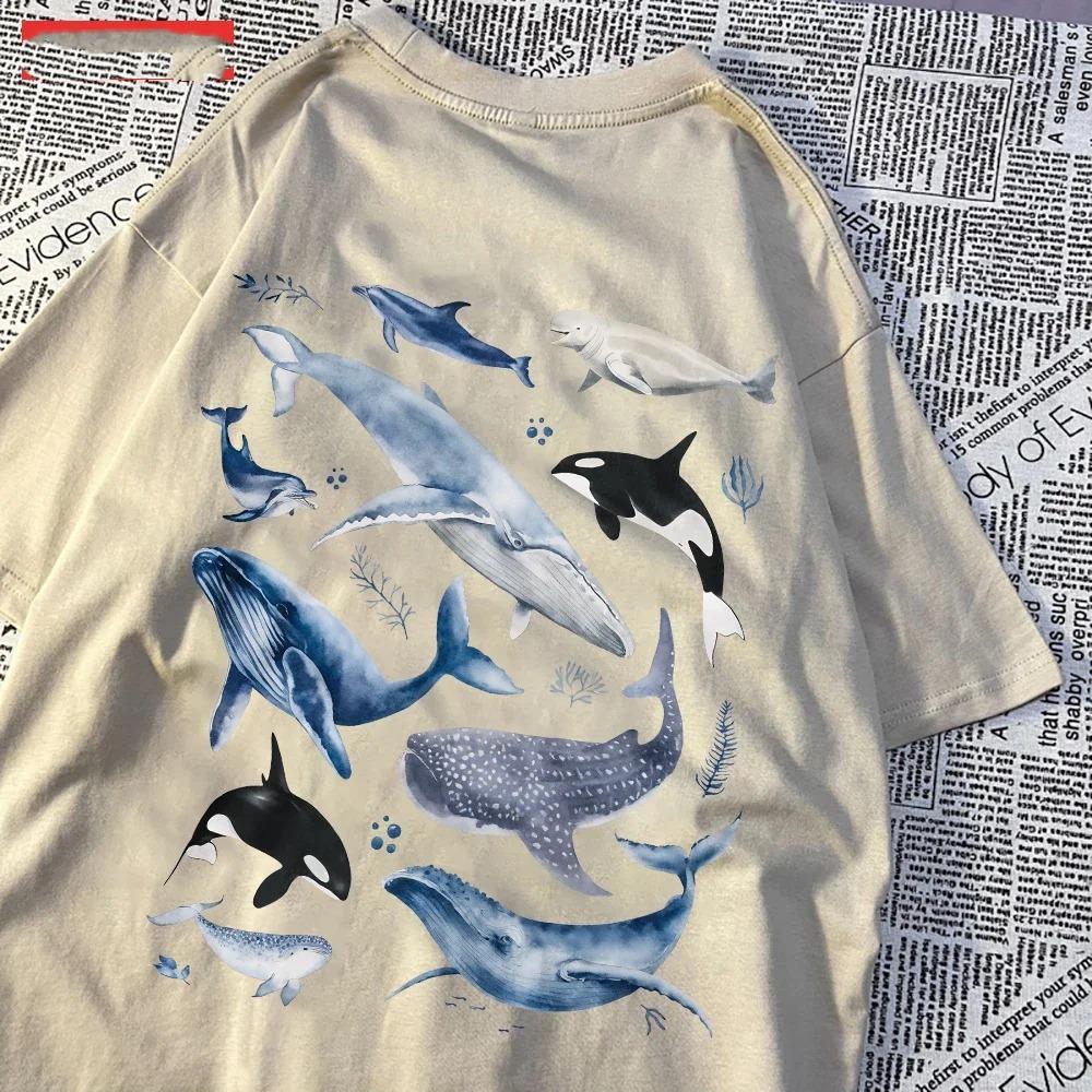Fashion Women'S T-Shirts Ocean And Whales Printing Tops O-Neck Soft Short Sleeve Summer Casual Female Clothes