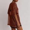 Damen Pailletten Tops Glitzer Blusen Rundhals Kurzarm Hemden